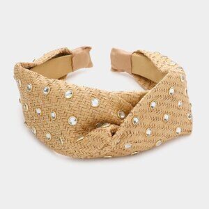 NWT Beige Cream Boho Stone Embellished Straw Twisted Headband